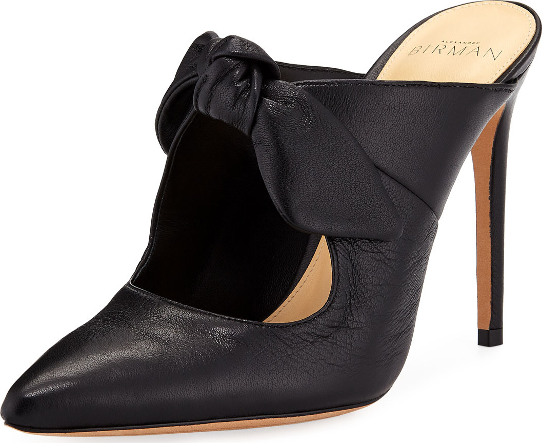 Alexandre Birman High-Heel Leather Point-Toe Bow Mules