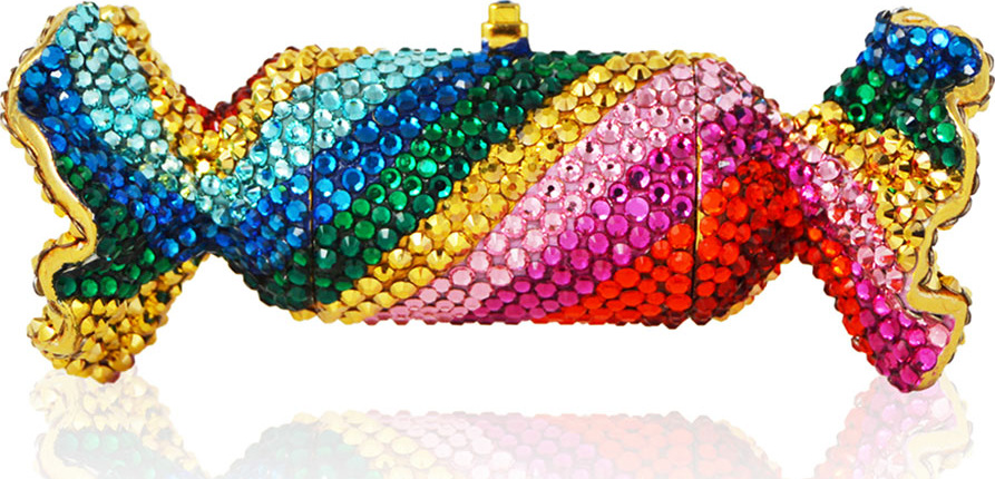 Judith Leiber Rainbow Twist Crystal Candy Pillbox, Gold/Multi