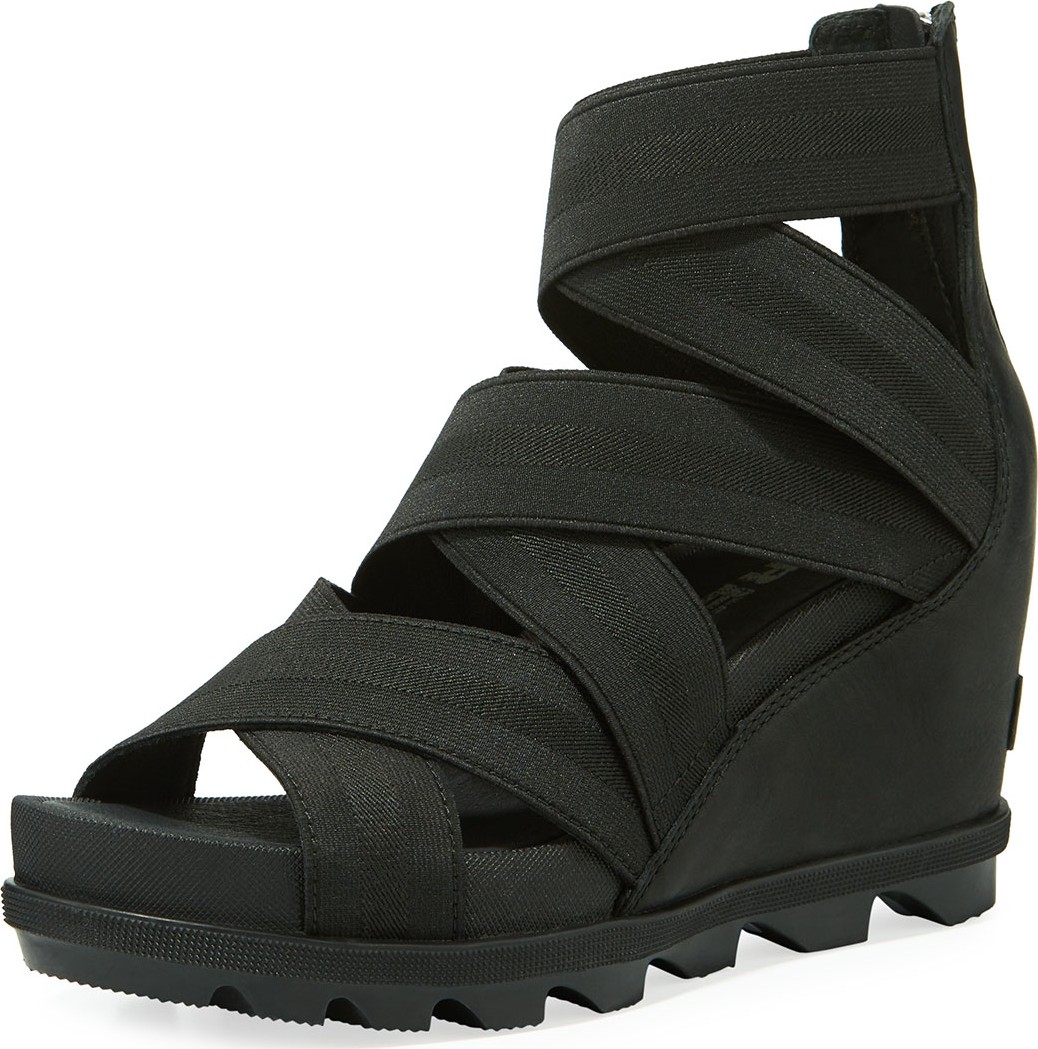 Sorel Joanie II Stretch-Strap Leather Wedge Sandals