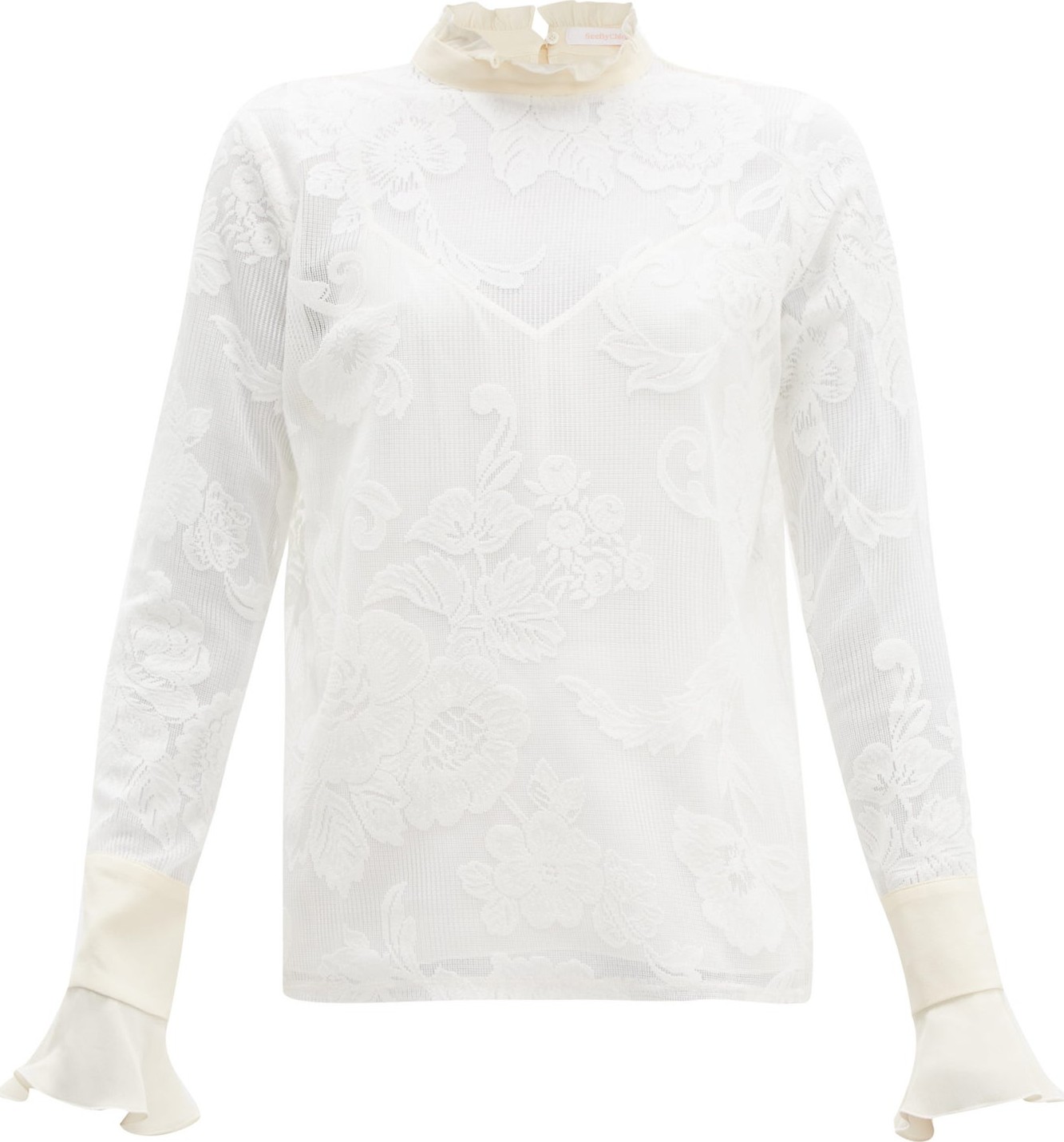See By Chloé Floral-embroidered high-neck mesh blouse