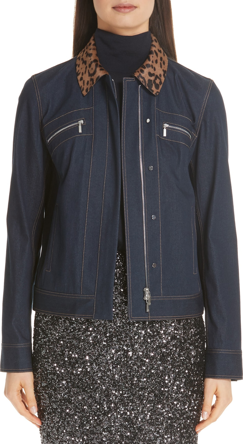 Lafayette 148 New York Kesha Primo Denim Jacket with Print Genuine Calf Hair Collar