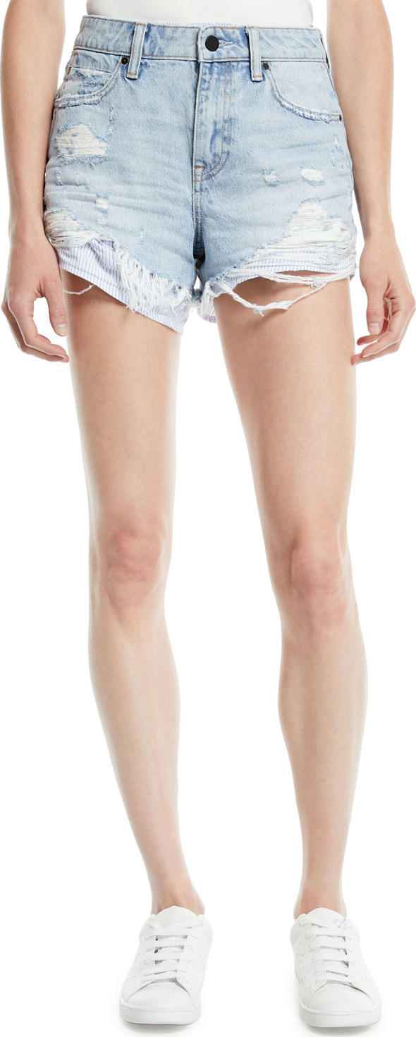 T By Alexander Wang Bite-Mix Bleached Cutoff Denim Shorts w/ Heavy Destruction