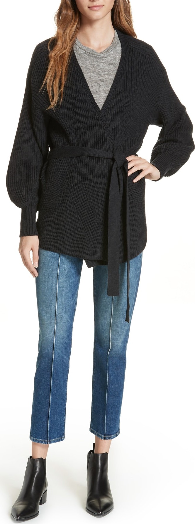 FRAME DENIM Puff Sleeve Belted Cardigan