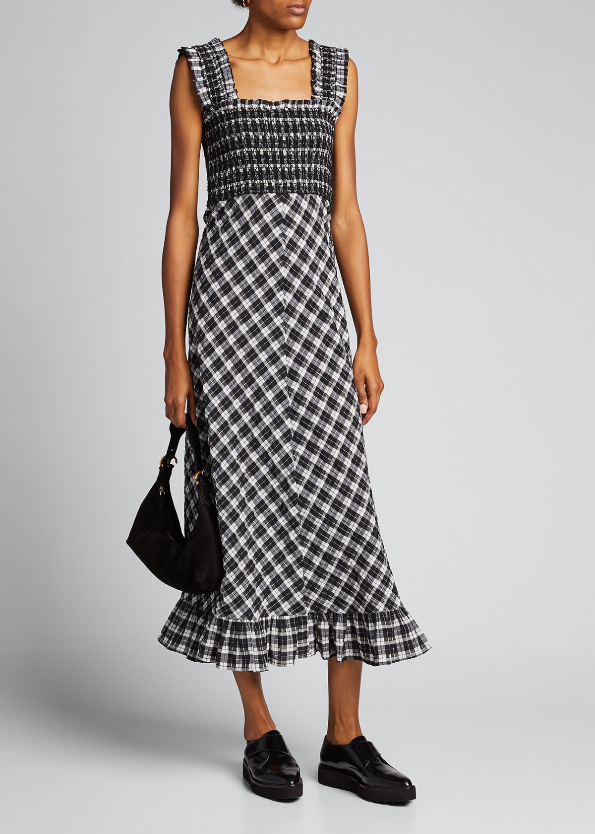 Ganni Seersucker Check Sleeveless Midi Dress