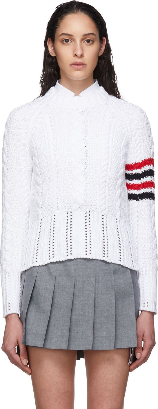 Thom Browne White Aran Cable 4-Bar Crewneck Sweater