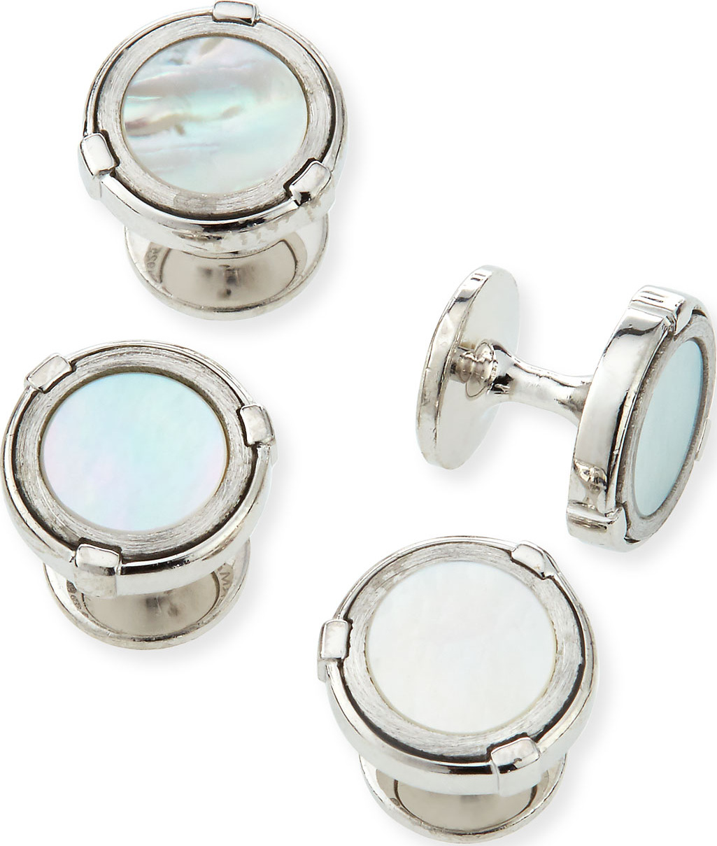 Dunhill Latch Silver Shirt Studs with Mother-of-Pearl