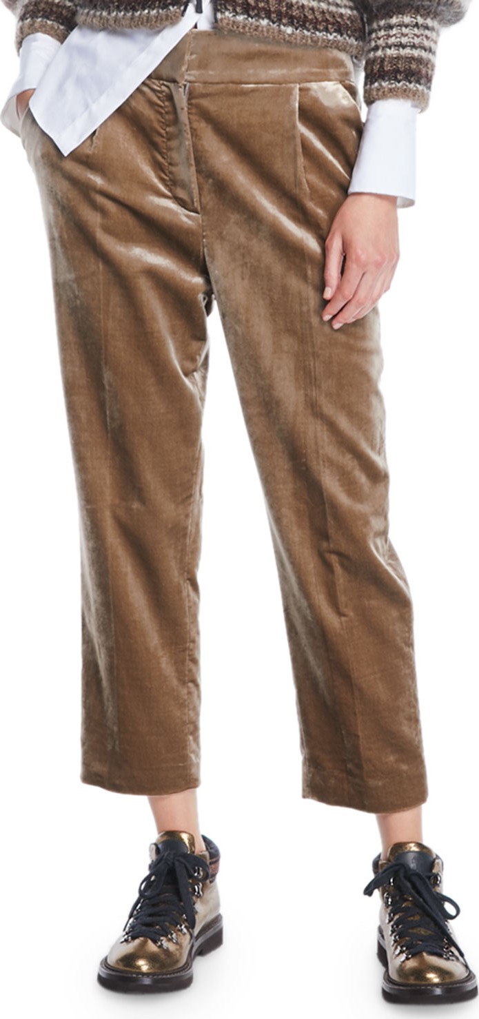 Brunello Cucinelli Straight-Leg Cropped Velvet Pants w/ Pleats
