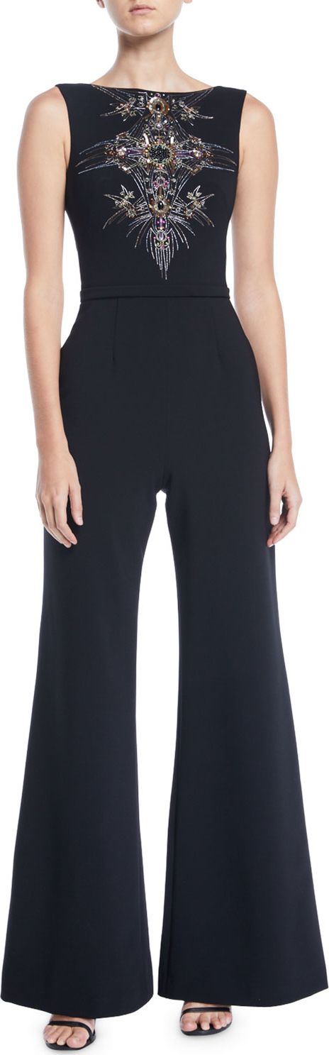 Theia Bateau-Neck Micro-Beaded Jumpsuit