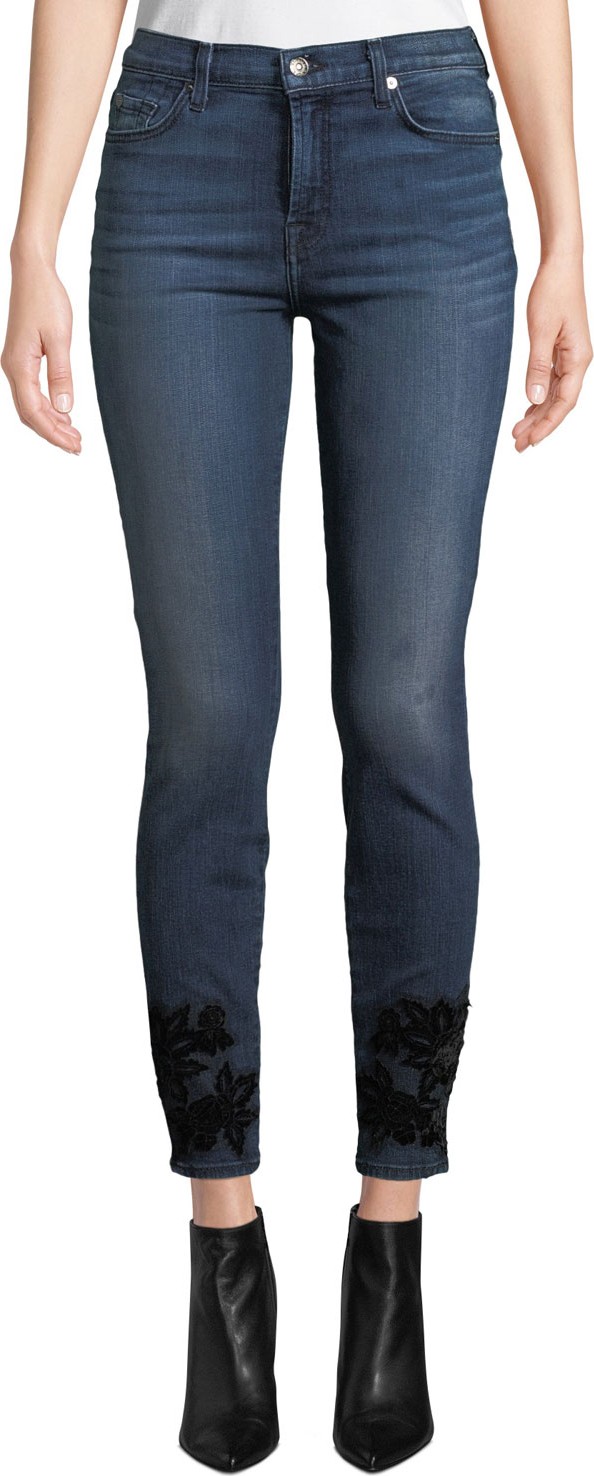 7 For All Mankind High-Waist Skinny Ankle Jeans with Velvet Floral Details