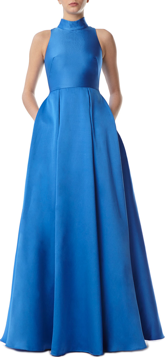 ML Monique Lhuillier Ball Gown Dress w/ High Collar & Pockets