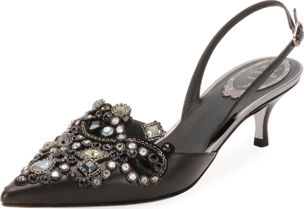 Rene Caovilla Jeweled Leather Slingback Pumps