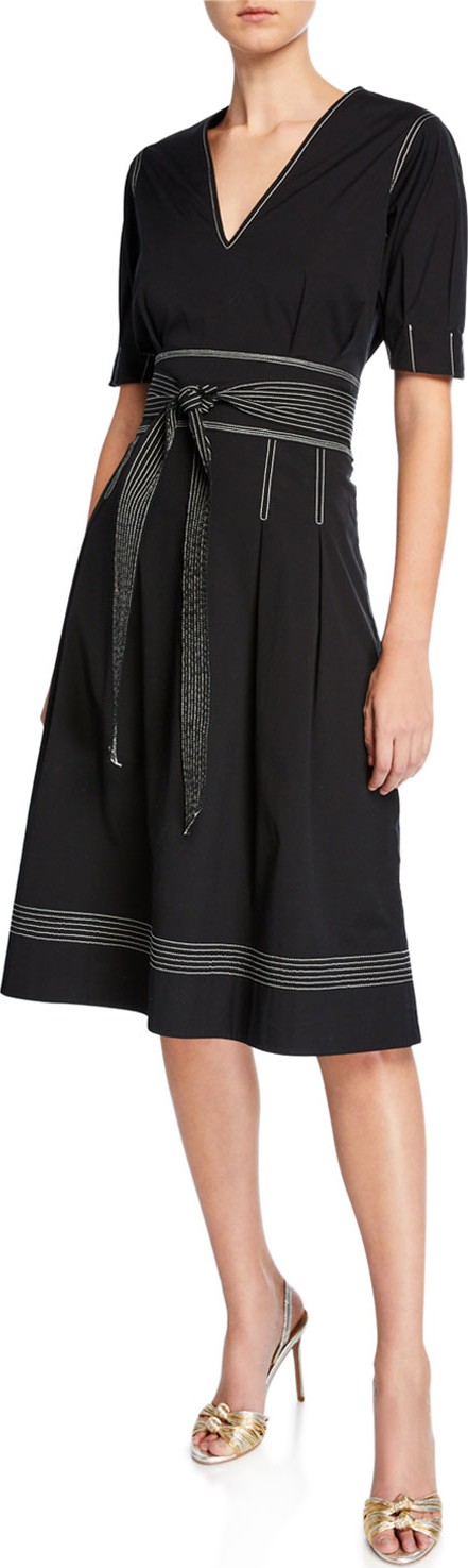 Veronica Beard Salome Pleated A-Line Belted Short-Sleeve Dress