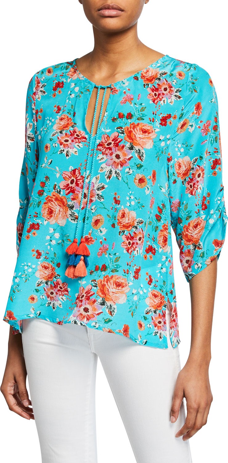 Tolani Edith Floral-Print 3/4-Sleeve Tie-Front Silk Tunic