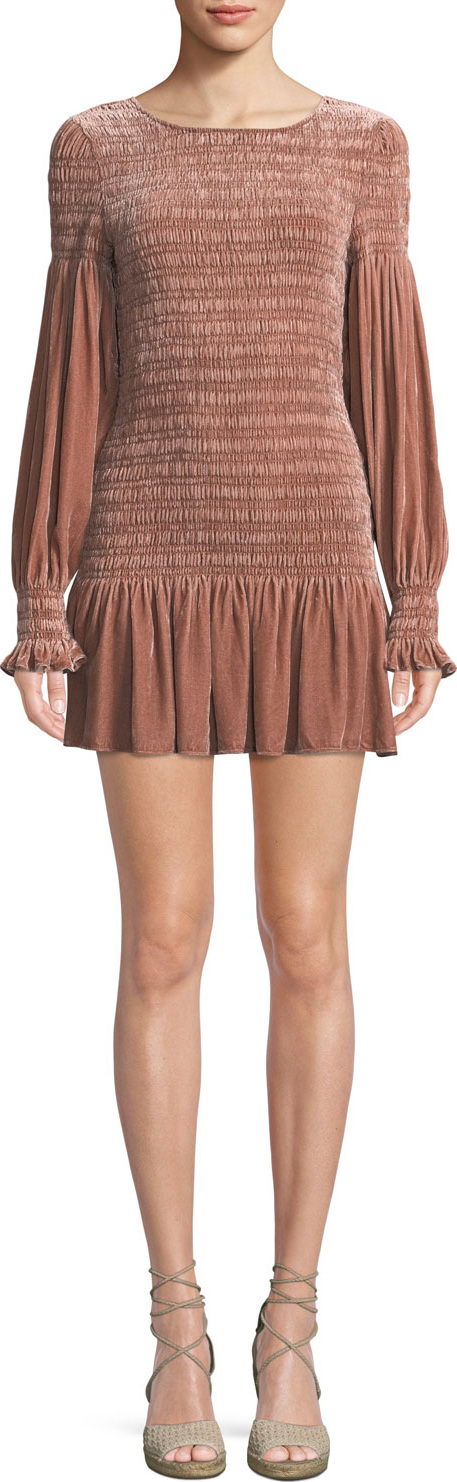 LOVESHACKFANCY Scarlett Smocked Velvet Flounce Short Dress