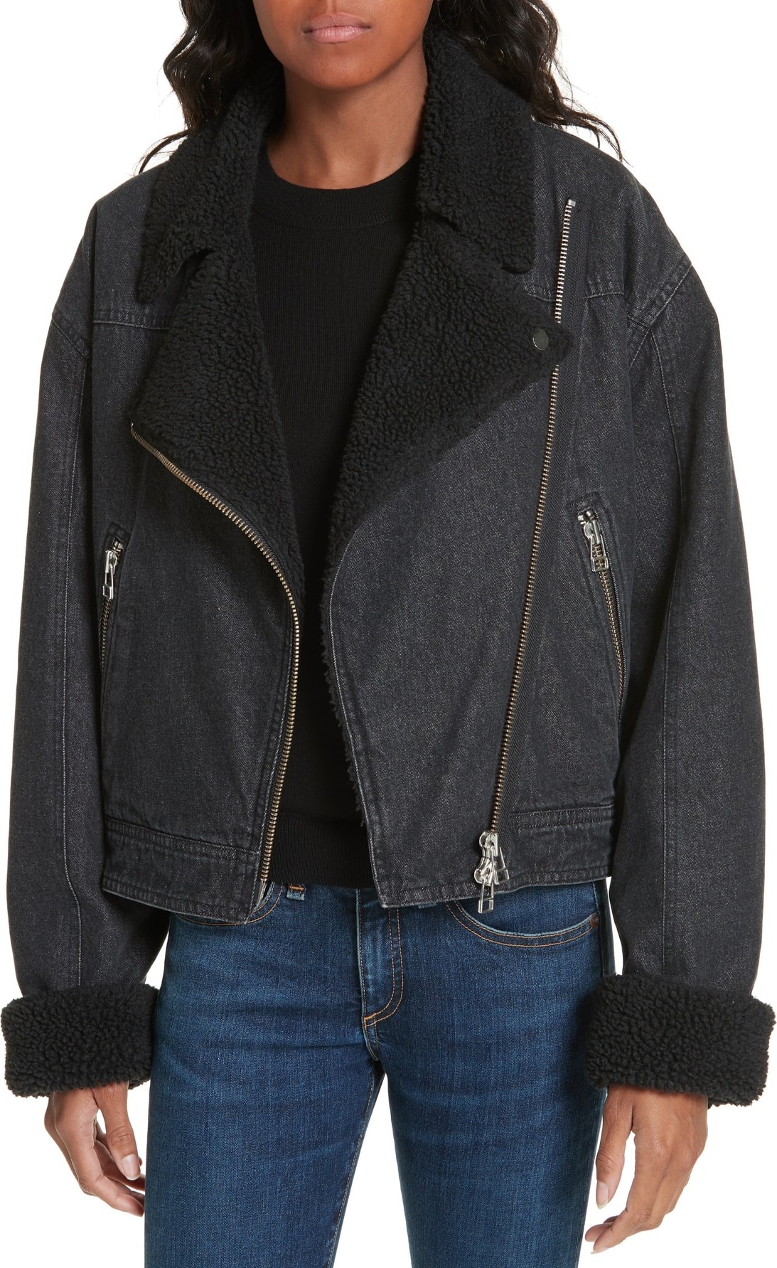 Veronica Beard Rosina Faux Shearling Lined Denim Biker Jacket