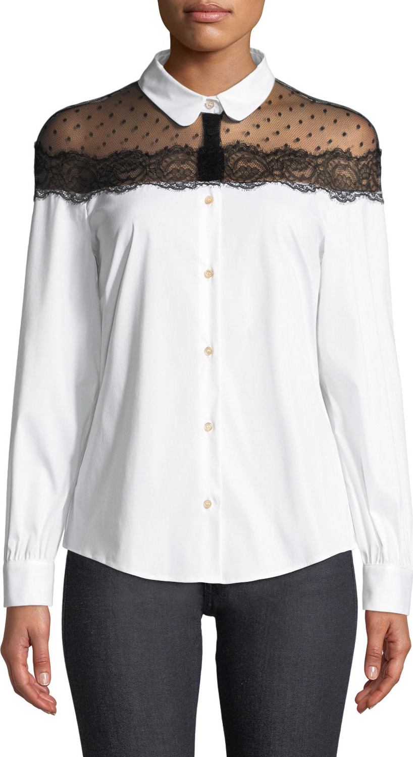 RED Valentino Button-Front Long-Sleeve Stretch Poplin Blouse w/ Point D'esprit