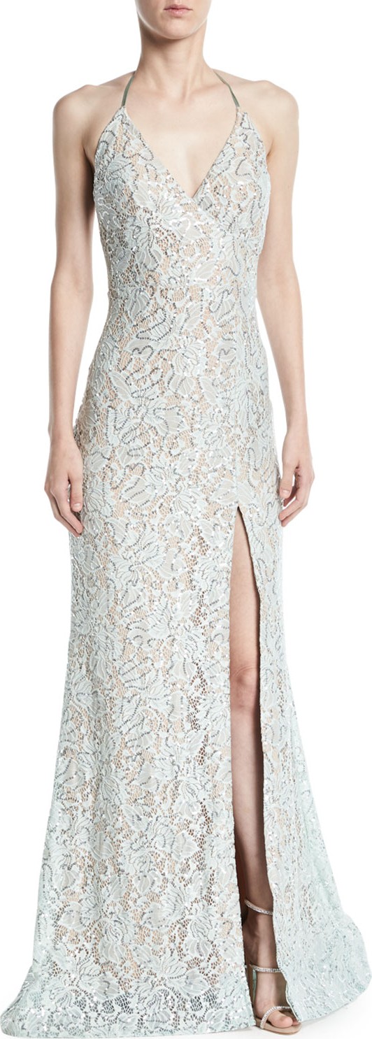 Jovani Lace Halter Gown w/ High Slit