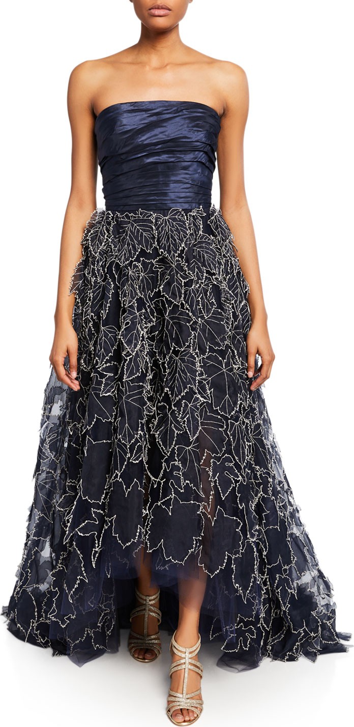Oscar De La Renta Strapless Metallic Leaf Threadwork Gown