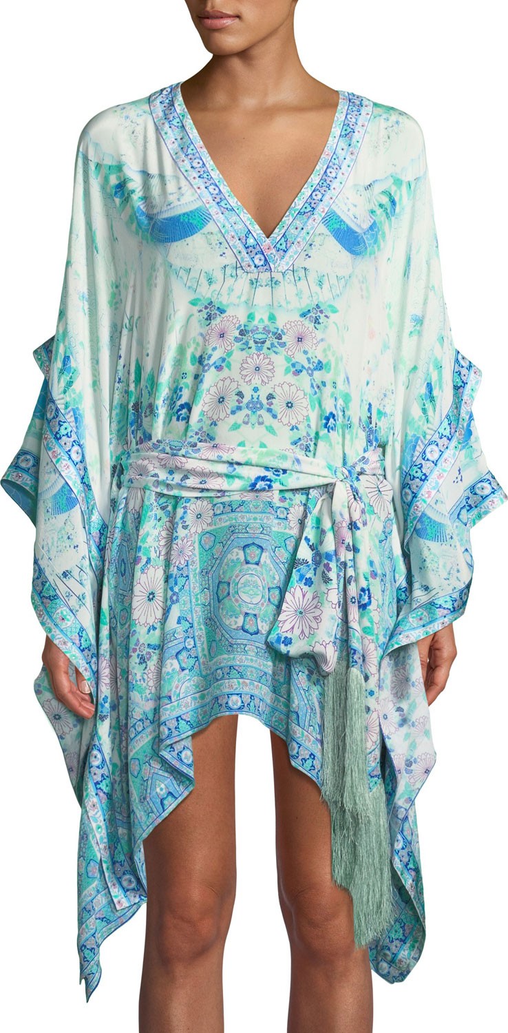 Camilla Double-Layer Printed Silk Kimono-Sleeve Dress
