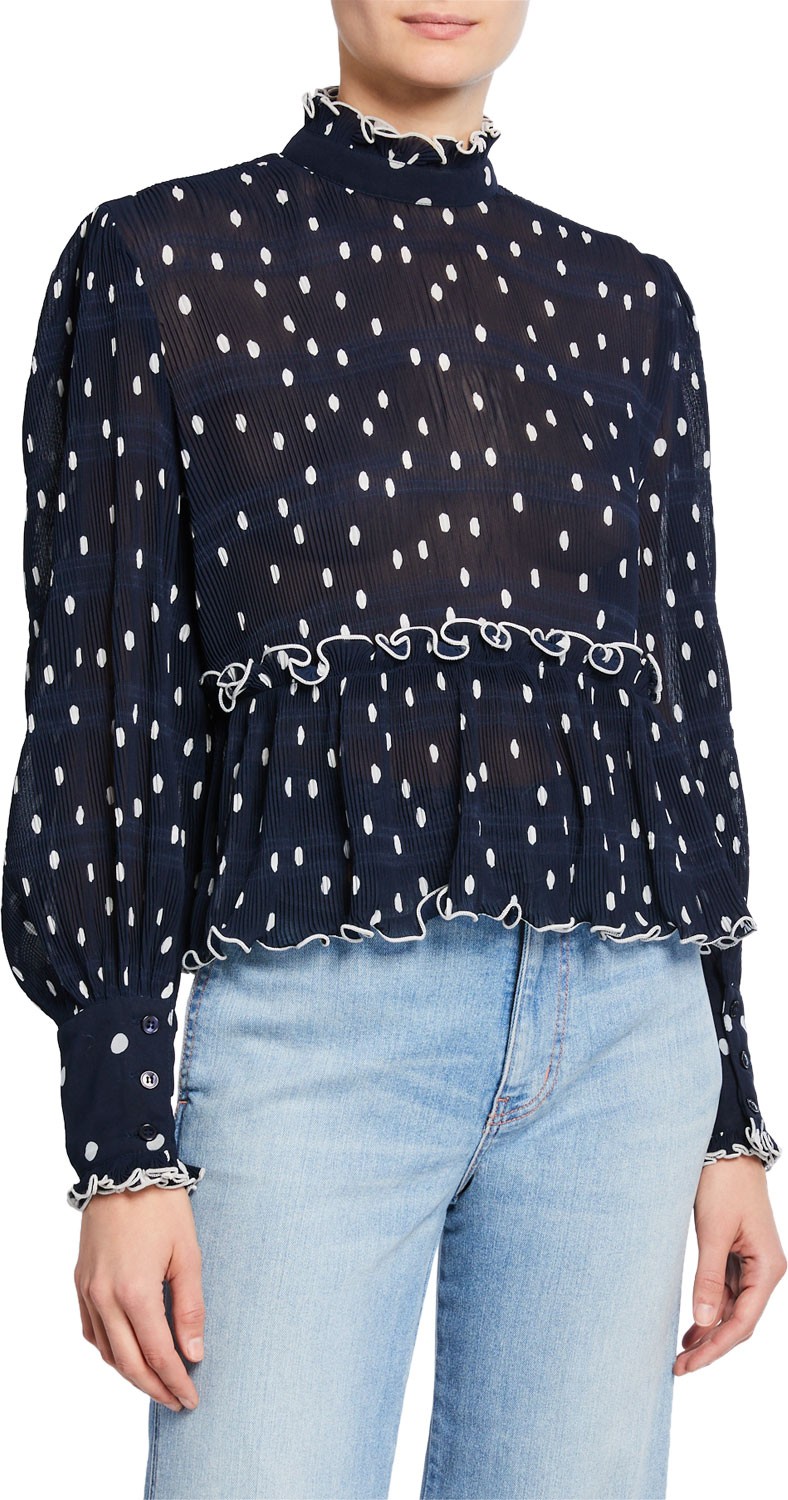 Ganni Polka-Dot Mock-Neck Blouson-Sleeve Pleated Blouse