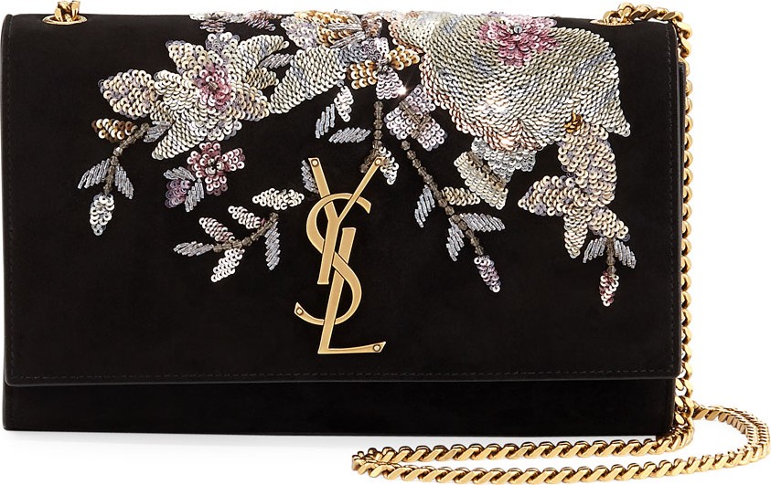 Saint Laurent Kate Monogram YSL Medium Embroidered Suede Chain Shoulder Bag