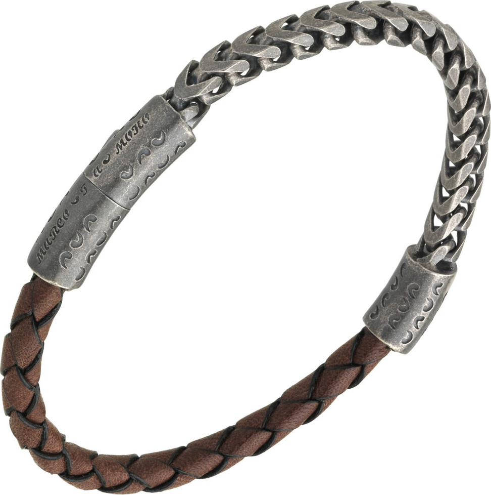 Marco Dal Maso Men's Sterling Silver & Leather Bracelet with Push-Lock, Brown