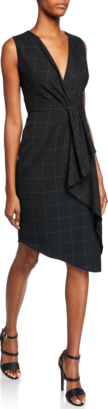 Elie Tahari Adrianne V-Neck Sleeveless Asymmetric Grid Dress w/ Flounce Detail