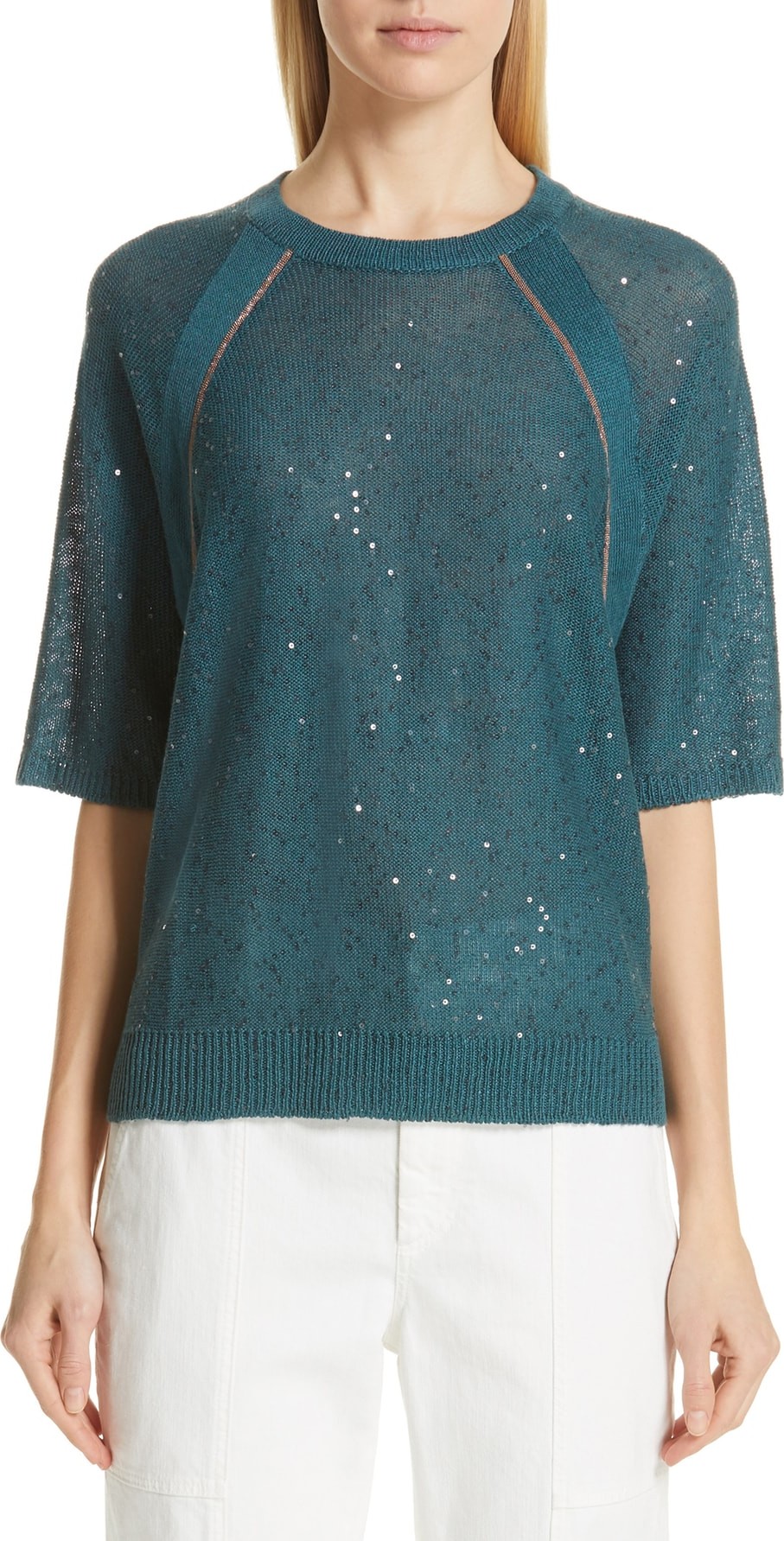 Brunello Cucinelli Sequin & Monili Embellished Linen & Silk Sweater
