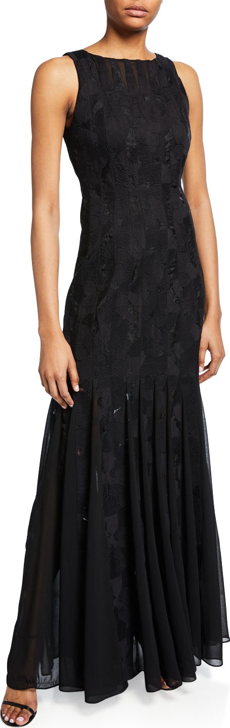 HALSTON HERITAGE Sleeveless Floral Embroidered Organza Strip Gown