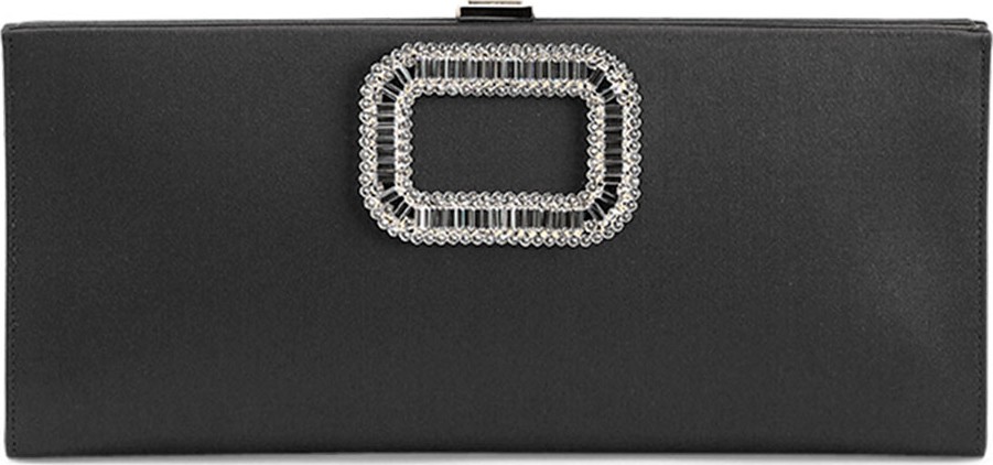 Roger Vivier Pilgrim Strass-Buckle Satin Clutch Bag, Black