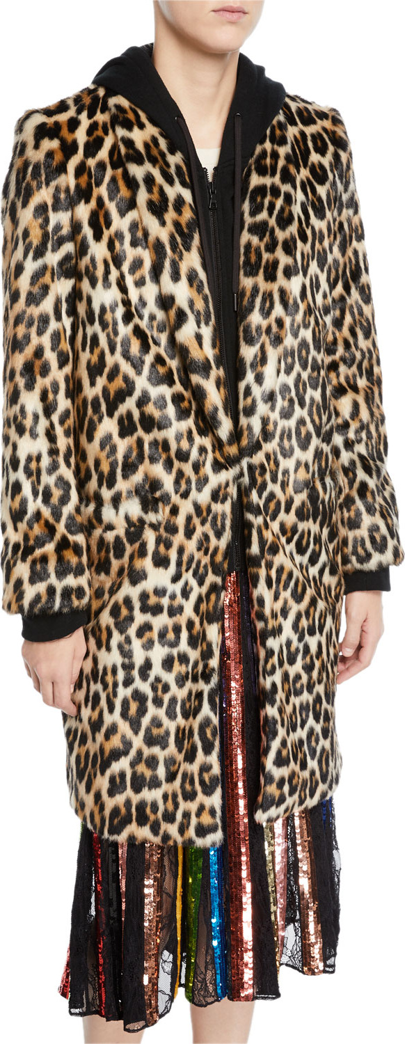 Alice + Olivia Kylie Hoodie Long Leopard Faux-Fur Coat