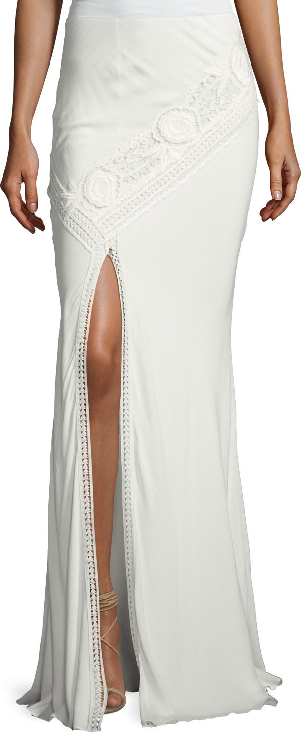 Haute Hippie Lux Crocheted Front-Slit Maxi Skirt, White