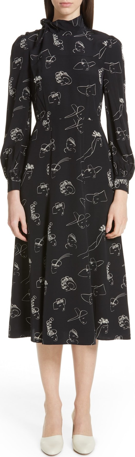Co Hat Print Button Shoulder Silk Dress