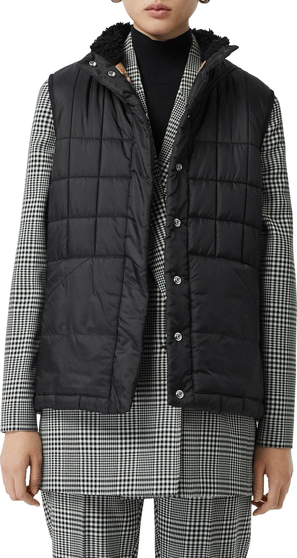 Burberry London England Leintune Faux Shearling Trim Quilted Vest
