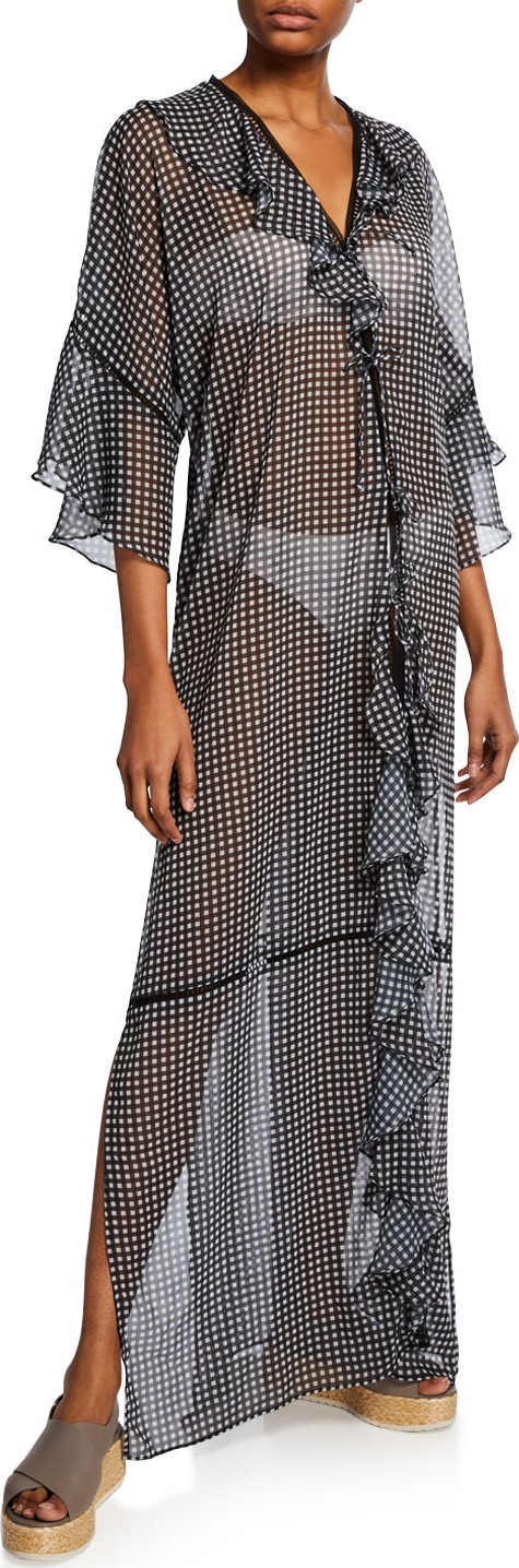 Jonathan Simkhai Gingham Ruffle Long Coverup Robe
