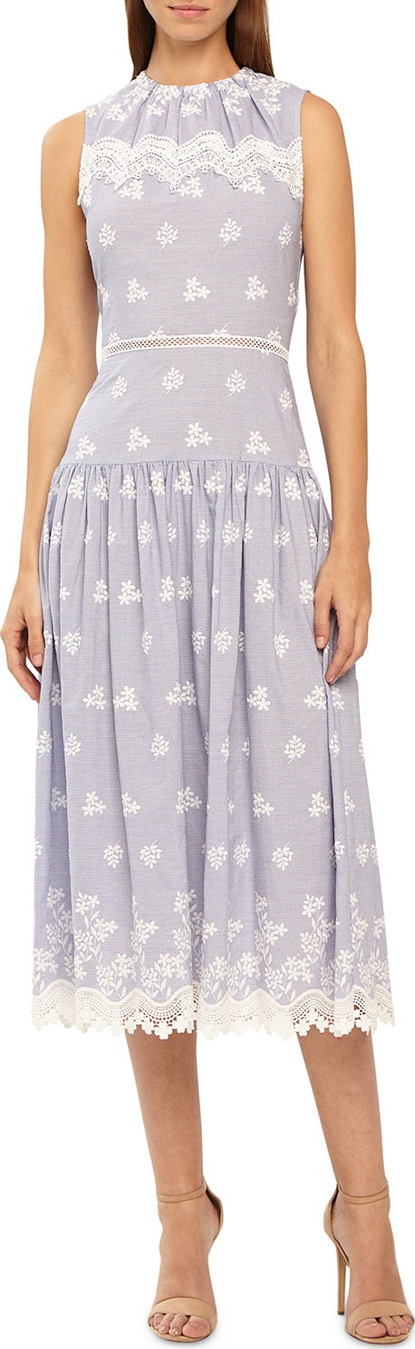 ML Monique Lhuillier Sleeveless Dropped-Waist Embroidered Poplin Midi Dress w/ Lace