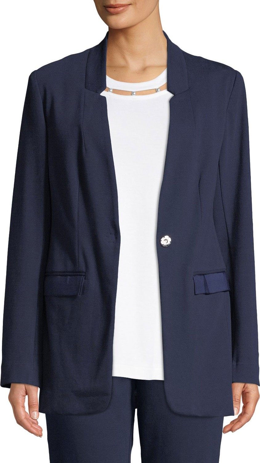 Joan Vass Snap-Front Long-Sleeve Boyfriend Blazer with Pockets