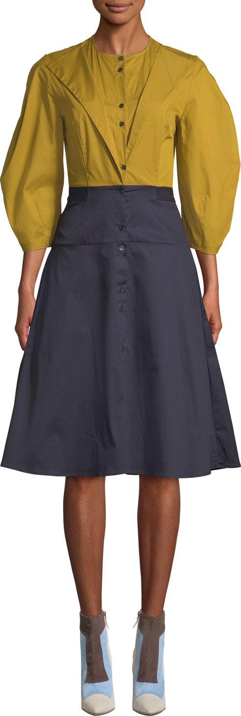 palmer//harding fragment crewneck button-front balloon-sleeve colorblock dress
