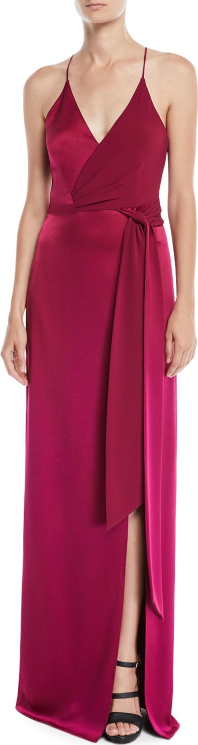 HALSTON HERITAGE Sleeveless Satin Wrap Gown