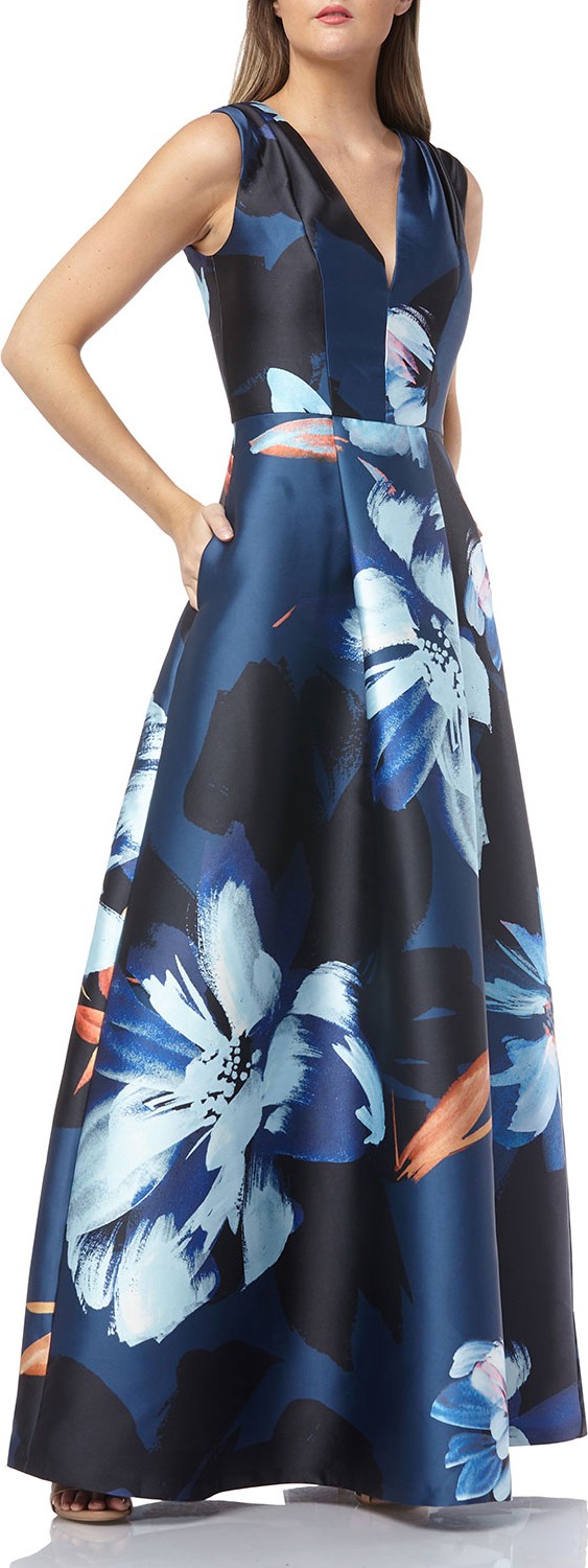 Kay Unger Printed V-Neck Sleeveless Mikado Gown with Pockets