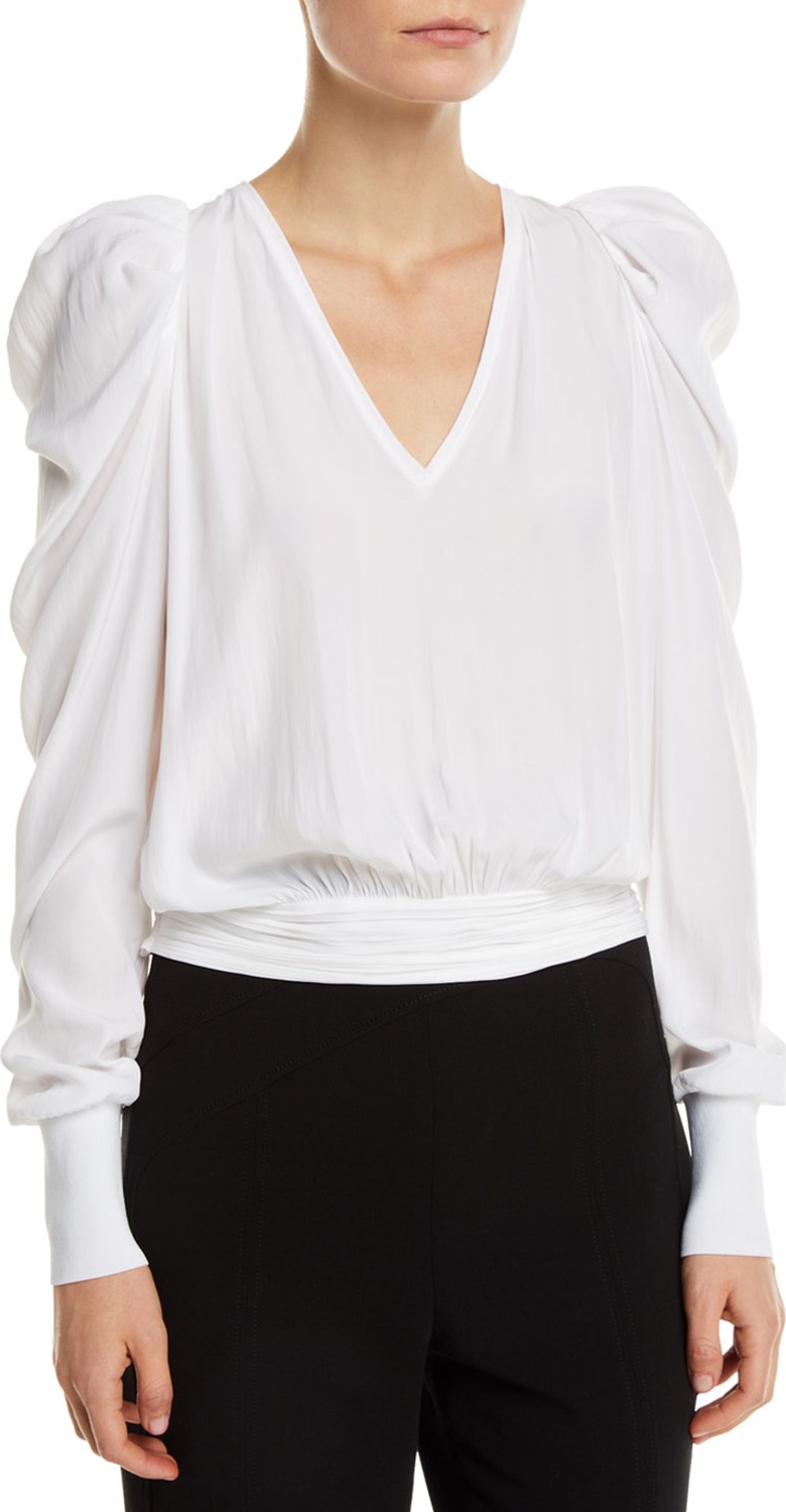 Ramy Brook Alexis Cropped Puff-Sleeve V-Neck Top