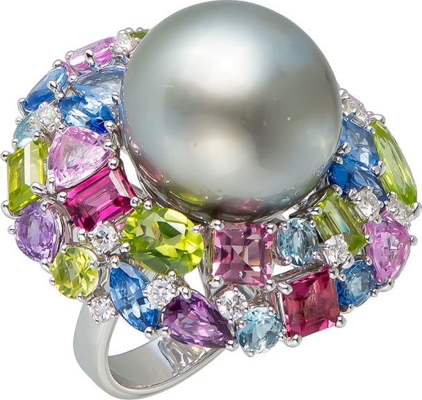 Margot McKinney 18k White Gold Tahitian Pearl & Mixed Stone Ring, Size 6.5