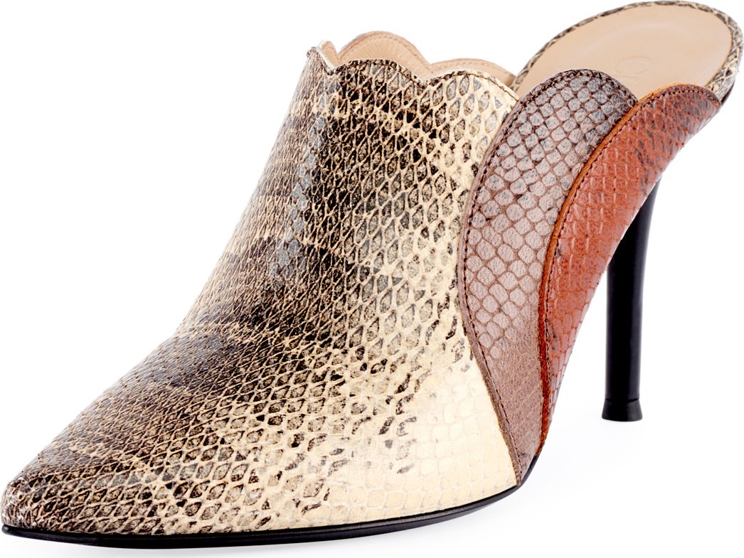 Chloe Scalloped Python-Printed Mules