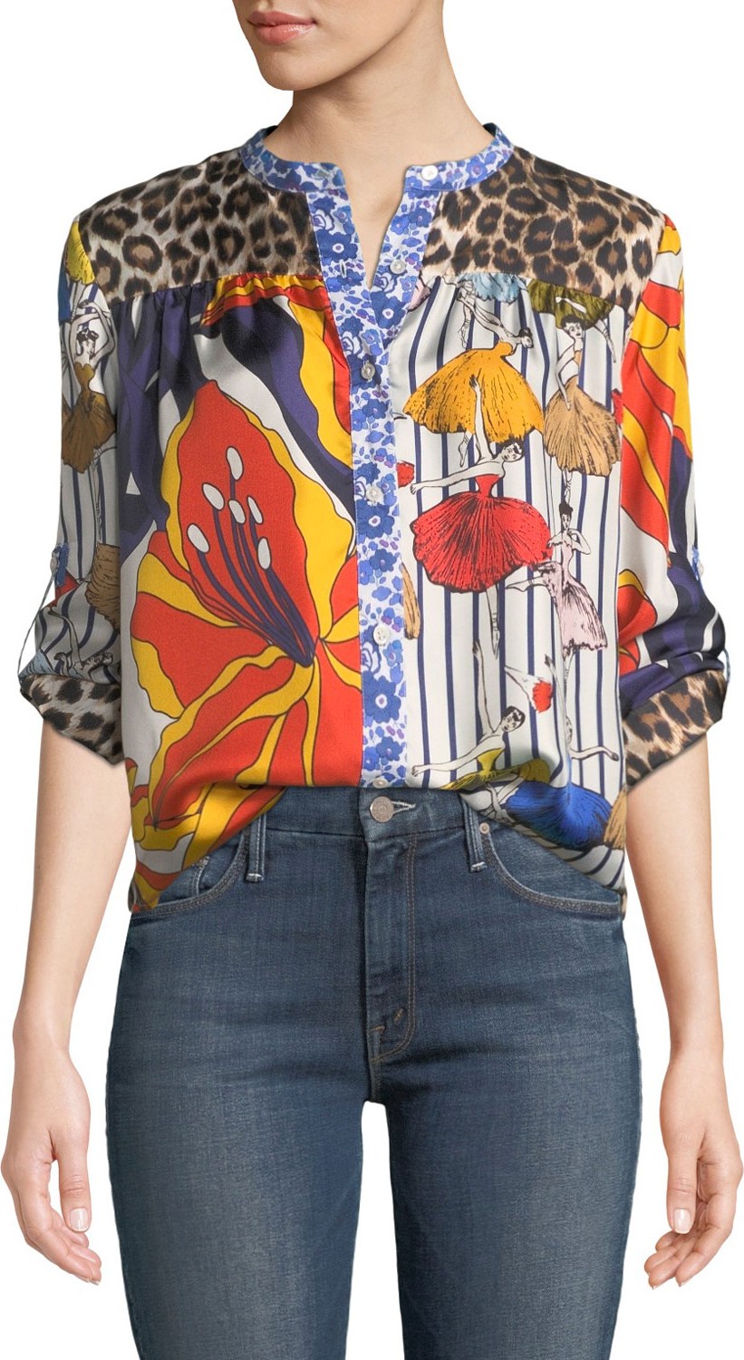 La Prestic Ouiston Peace Ballerina Mixed Print Blouse w/ Mandarin-Collar