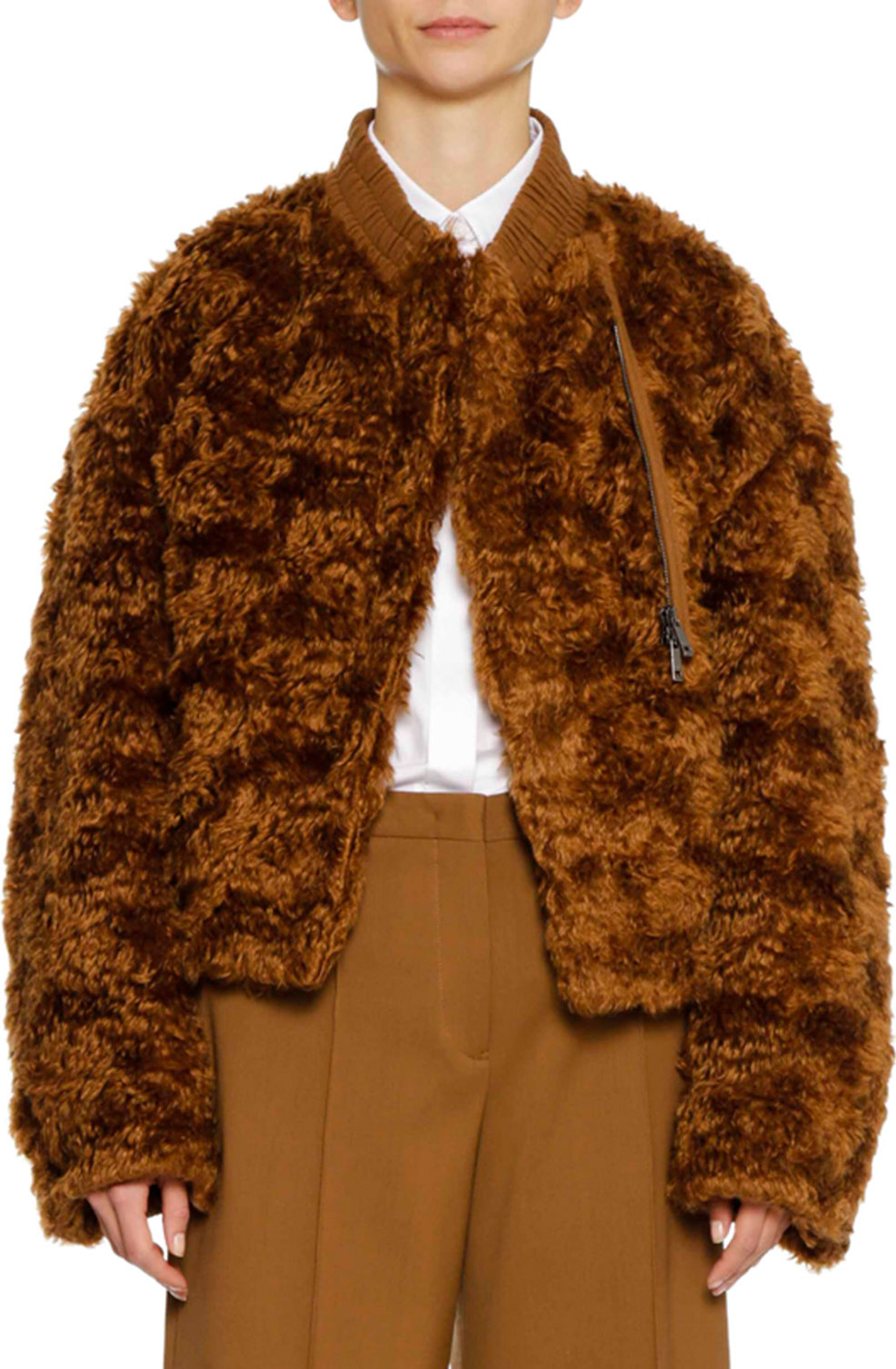 Jil Sander Zip-Front Furry Mohair Bomber Jacket w Elastic Band Collar
