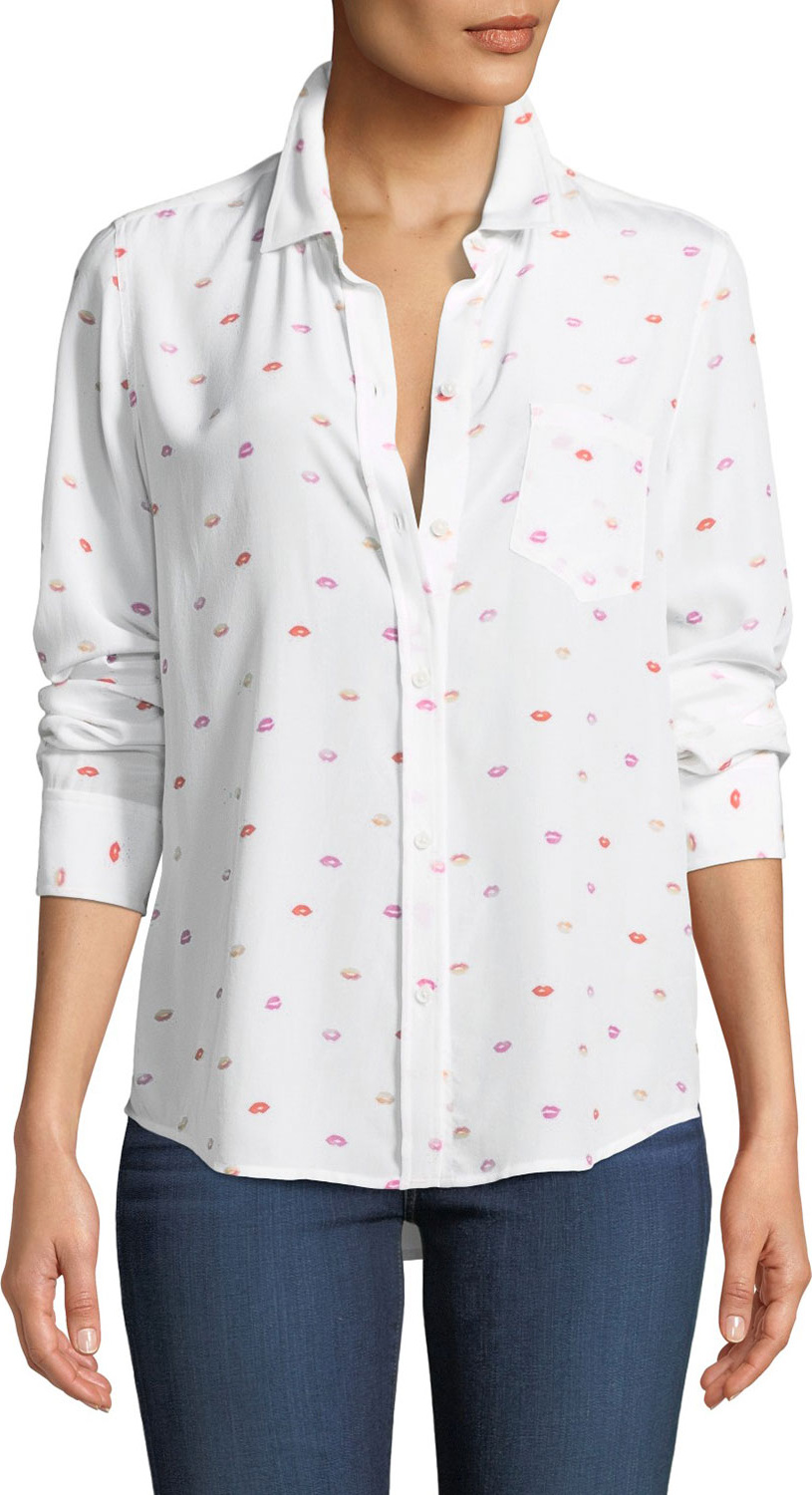 RAILS Kate Lip-Print Silk Button-Front Shirt with Pocket