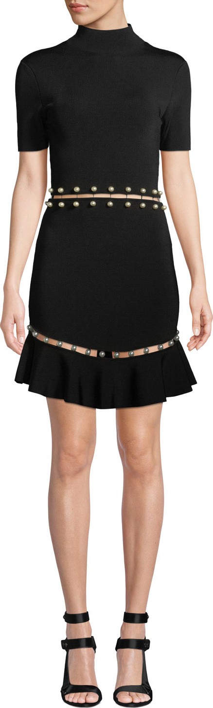Alice + Olivia Evelyn Mock-Neck Short-Sleeve Fit-and-Flare Dress