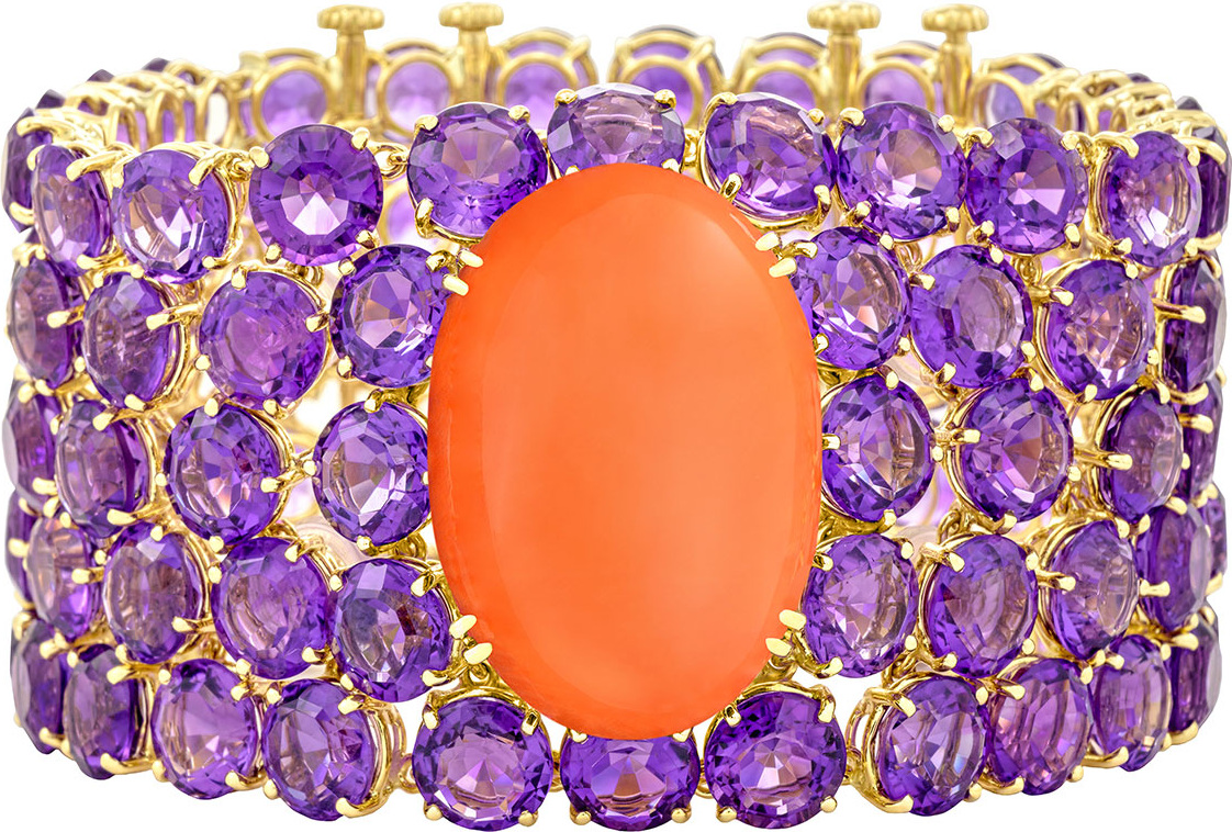 Margot McKinney NYC Coral & Amethyst Cuff Bracelet in 18K Yellow Gold