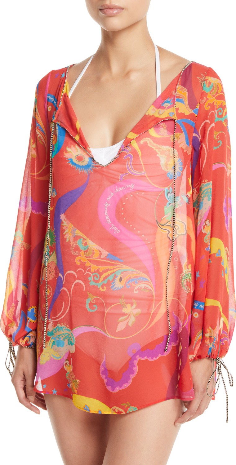 Etro Printed Long-Sleeve Keyhole Coverup Kaftan