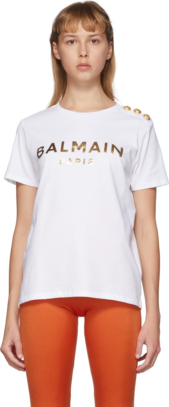 Balmain Black & Gold 3-Button Metallic Logo T-Shirt